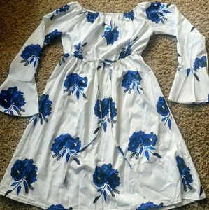 Off the shoulder dress.